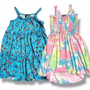 Kids Girls Size XS 4/5 Maxi Dress Set Of 2 Tie Dye Unicorn & Blue Flowers NEW